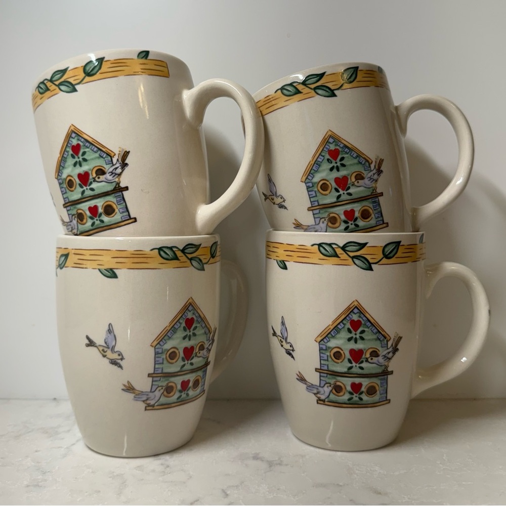 Charming Vintage Birdhouse Design Stoneware Cottagecore Mugs - Set of 6